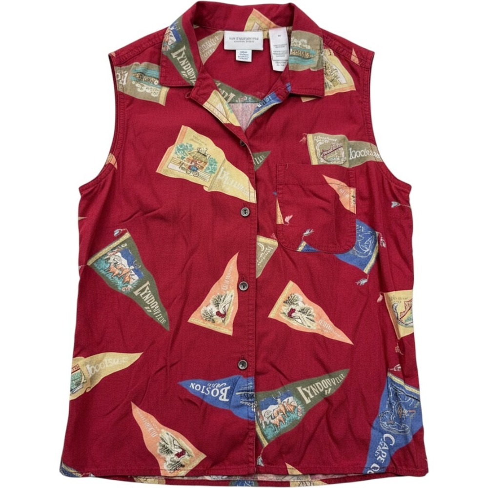 Liz Claiborne Lizsport Red Pennant Souvenir Print Sleeveless Button Down Top M